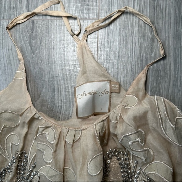 Anthropologie Fumblin Foe Beige Embroidered Balloon Top with Button Down Side L - Picture 3 of 5